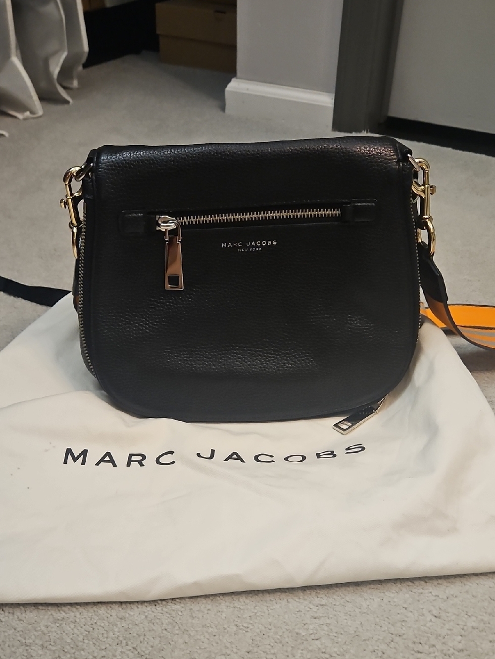 Marc Jacobs Black Leather Saddle Crossbody with Gold Hardware